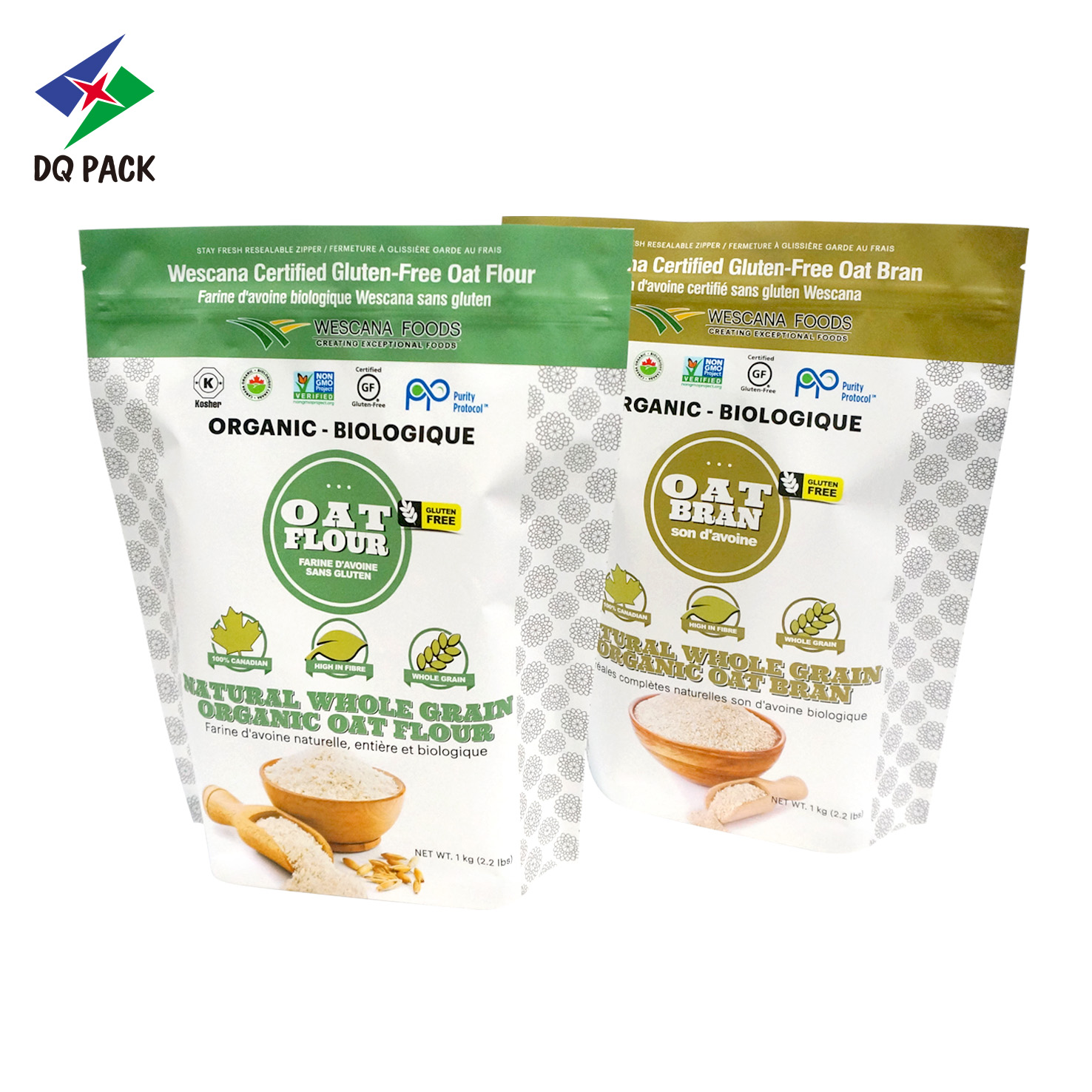 2.2 lbs Oat Flour Stand Up Zipper Pouch Custom Food Packaging Bag Manufacturer